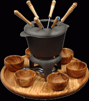 Completo per fonduta con piatto in legno di ulivo/fondue set  